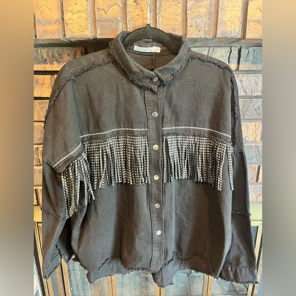 Fringe Detail Black Jean Jacket